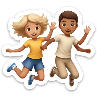 two children jumping together, happy and playful, motion blur sticker