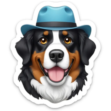 A Bernese mountain dog wearing a cheese head hat sticker
