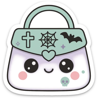 Add more gothic details such as crosses, spiderwebs, bats, and skulls to the white and black gothic kawaii purse. Keep big eyes, smiling, cartoonish, playful style, no background. sticker