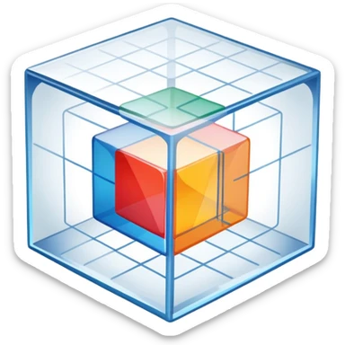 An icon featuring a transparent cube with geometric sections and mathematical calculations, symbolizing the study of mathematics. The design includes algebraic formulas, graphs, and mathematical symbols, representing advanced mathematical concepts and problem-solving. Transparent background sticker