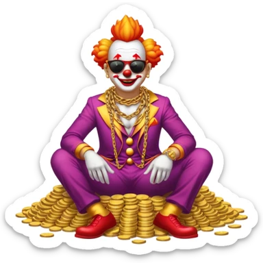 Clown with big golden chain on the neck wearing sunglasses sitting on the big pile of gold coins  full height. sticker