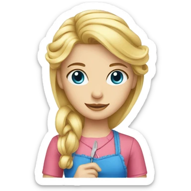 blonde girl with blue eyes sewing sticker