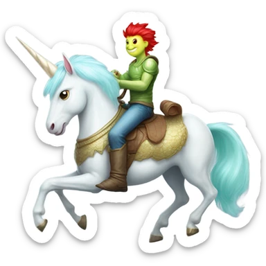 [politically incorrect
	{ man: alien, color: light green, hair:red, eyes:cat} ]
	on a 
	[{ unicorn: white, legged:four, mane: light blue }] sticker