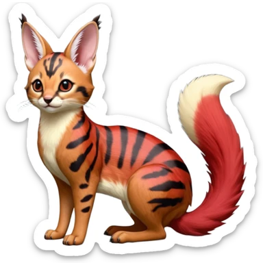  hyper-realistic sanguine-red black-streaked natural realistic divine beautiful elegant pretty precious cute young youthful  Fakémon-Pokémon-alien-opossum-squirrel-feline-serval-caracal-chinchilla-Minccino-Cinccino-Meowstic-rodent-hybrid-creature with a big fluffy bushy tail (full body) sticker