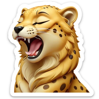 Cinematic Cute Yawning Cheetah Portrait Emoji, Head tilted slightly with a dramatic, wide-open yawn, showcasing a soft, sleek golden Fur with distinctive spots and floppy ears slightly drooping, round amber eyes barely open in drowsy contentment, Simplified yet irresistibly adorable features, highly detailed, glowing with a soft, cozy glow, high shine, relaxed yet expressive, stylized with a touch of savannah whimsy, bright and endearing, soft glowing outline, capturing the essence of a sleepy yet affectionate cheetah, so drowsy it feels like it could stretch right out of the screen and curl up for a nap! sticker