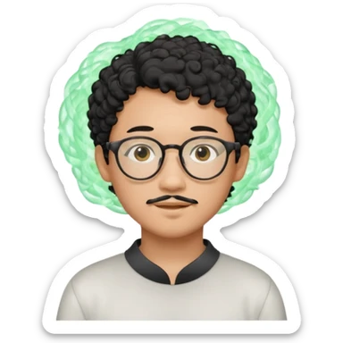 A young boy DEVELOPER WITH A laptop, black curly short hair, wearing glasses, a thin goatee, his skin is asian

Add the word "PIF" floating around him sticker