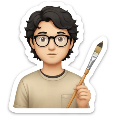 Young caucasian man with black wavy hair, round glasses, beige painting shirt, holding a square paintbrush sticker