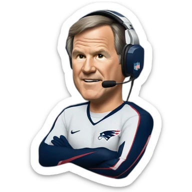 bill belichick, new england patriots, with headset andmicrophone sticker