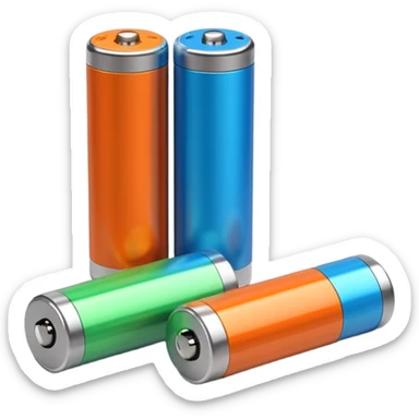 pair of cylindrical batteries with metallic tops and colored bands (orange, blue, or green) to indicate charge, positioned side by side or slightly angled, visible terminals, clean minimal design, no packaging, charger, or device, soft lighting, subtle shadows, emoji scale sticker