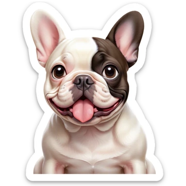 Cinematic Comical Pied French Bulldog Portrait Emoji, Head tilted with an exaggeratedly shocked, comical expression and wide, humorously expressive eyes, showcasing a distinctive pied fur of contrasting hues and a charmingly goofy face, simplified yet hilariously detailed, glowing with a sassy, playful radiance, high shine, exuding a mischievous and meme-worthy charm, styled with a soft glowing outline, capturing the essence of a Pied French Bulldog that looks ready to spark a viral laugh! sticker