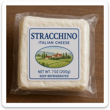 realistic photo of Italian stracchino cheese, stracchino in transparent packaging with label sticker