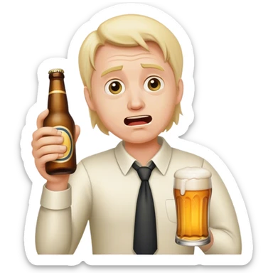 weepy salesperson, beer bottle, complaining sticker