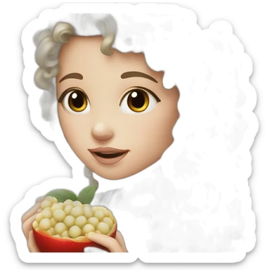 White Girl with long curly black hair eating lichi sticker