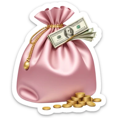 Soft pink satin money bag overflowing with cash, subtle luxury, no logos sticker