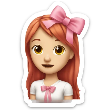 girl with long red hair, bangs and a pink bow in it sticker