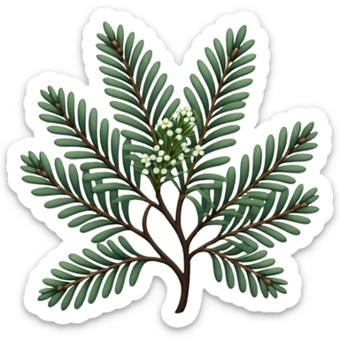 green pine leaves, small flowers, thin ebony branches, dull colored filigree design sticker