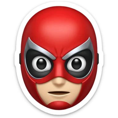 A high-gloss 3D emoji-style mask inspired by a superhero design. Smooth rounded head shape with expressive large eyes. Primary color: matte black. Secondary color: bright red web-pattern lines across the mask. Clean, shiny, cartoony finish, symmetrical design, crisp outlines sticker