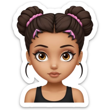 generate a pretty bratz girl in black cami top, dark brown messy bun, eyeliner on. dark brown eyes sticker