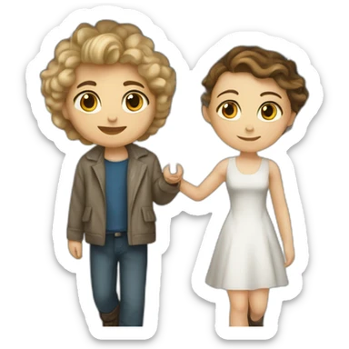 White Girl in deepneck dress with little curls and white boy walking under heavy rain with an umbrella sticker