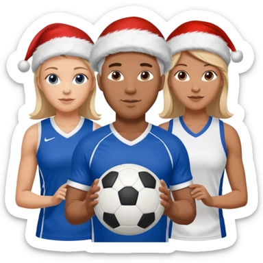 3 atletas, um homem no meio e duas mulheres com cores de pele diferentes, usando elementos esportivos, bola de futebol e bola de vôlei. Coloque um chapéu de papai noel das cores verde e com roupas azul e branco sticker
