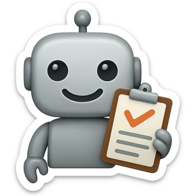 Make the recruiter robot emoji much cuter and more friendly, masculine, in apple style, flat and metallic, holding a clipboard, with a transparent background. sticker