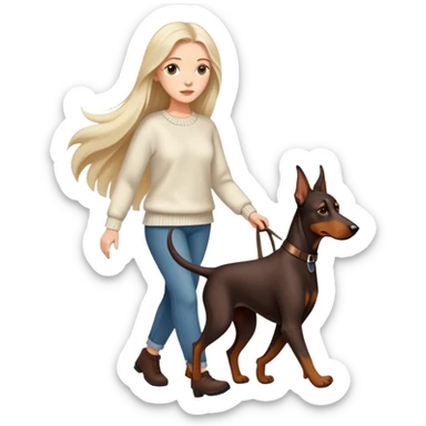 A beautiful long-haired white woman wearing a sweater walking a Doberman sticker