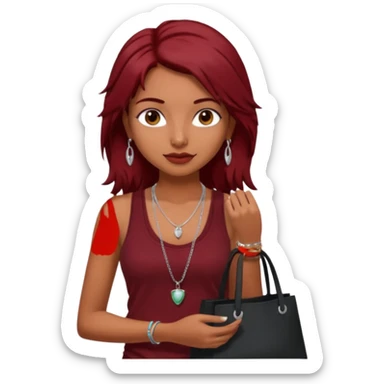a pretty tan indian bratz girl with messy dark red hair, wearing a dark red tank top, layered silver necklaces. Carrying a black tote bag sticker