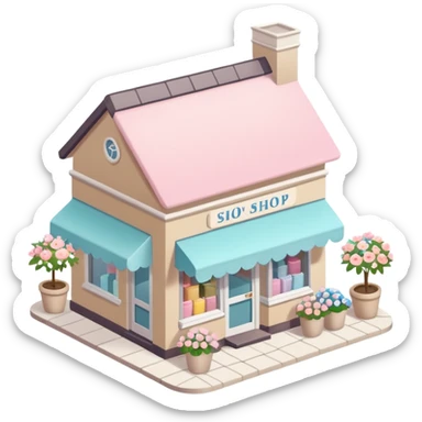 isometric exterior little beige and white shop with abundant pastel florals everywhere sticker