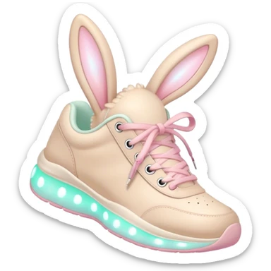 Cute Kawaii Shoe, small and bouncy, soft pastel sneakers with glowing highlights, cute sparkling eyes, a happy cheerful expression, laces tied like bunny ears! sticker