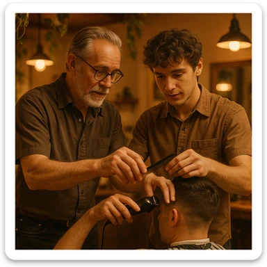 Inside a cozy barbershop with soft lighting, an experienced barber gently teaches his apprentice, guiding his hands as they cut hair together. The room is filled with warmth, plants hanging from the ceiling, and the hum of clippers sticker
