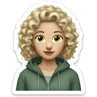 Dirty blonde curly hair, fair skin,dark green eyed blonde girl wearing grey hoodie  sticker