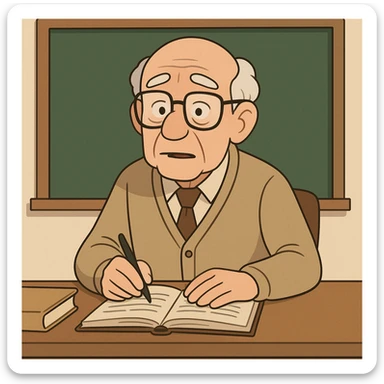 an old male teacher, 80 years old, balding with white hair, wearing spectacles, sitting at a desk, cartoon style sticker