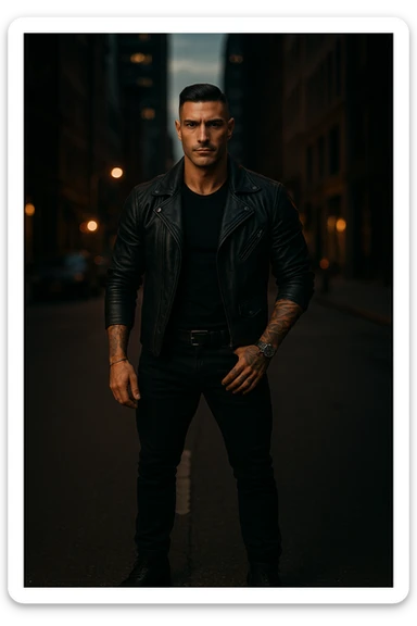A confident, strong man standing in the middle of a city street at dusk, wearing a black leather jacket and boots, sharp jawline, intense gaze. Radiating masculine energy. Cinematic lighting, moody urban background, dramatic shadows, shallow depth of field. 35mm film style sticker