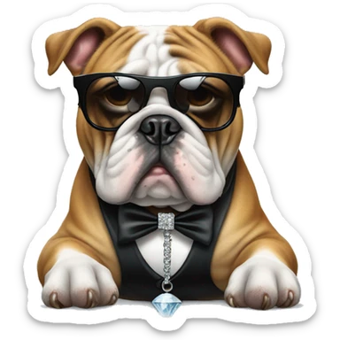 Bulldog wearing a tuxedo, designer sunglasses, and a diamond chain of a bulldog sticker