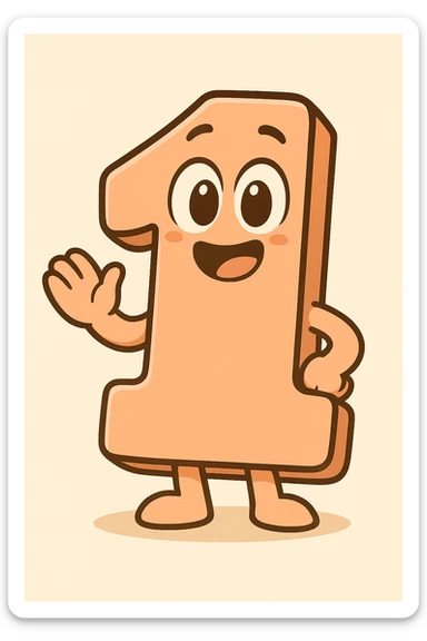 Add a cute, expressive cartoon face to the number 1, keeping the playful cartoon style consistent with chibi stickers style. sticker