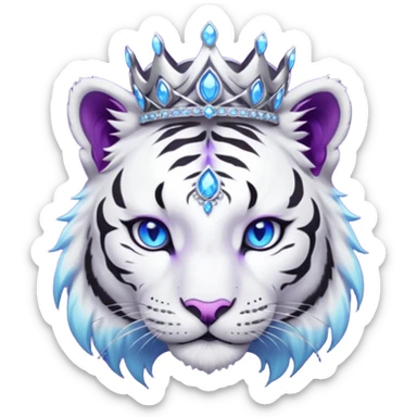ESO Female white/black tiger khajiit leader of the umbral rose, glowing blue eyes, glowing blue 'third eye' gem; beautiful purple gemmed silver tiara sticker