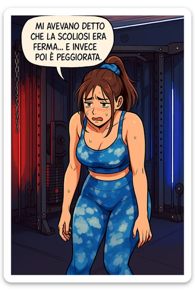 fai questa immagine in versione fumetto/manga/webtoon a colori, il manga mostra la donna disperata con un fumetto sulla testa che dice:
Mi avevano detto che la scoliosi era ferma… e invece poi è peggiorata.
 sticker