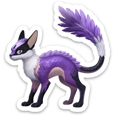 Furry, fluffy tropical flecked painted feathery scaly, Purple, white, black, Minccino-Sphynx-Lykoi-Linoone-Zangoose-fusion-hybrid-animal-Fakémon-creature, full body, thin long sleek scaly tail, intricate markings sticker
