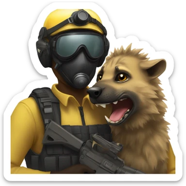 Yellow army Pilot with black mask googles, and then a big hyena kissing him sticker