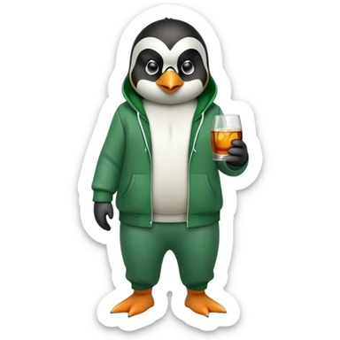 full body friendly anthropomorphised penguin wearing green mafia-style tracksuit, angry confident scheming stance, holding glass of whiskey sticker