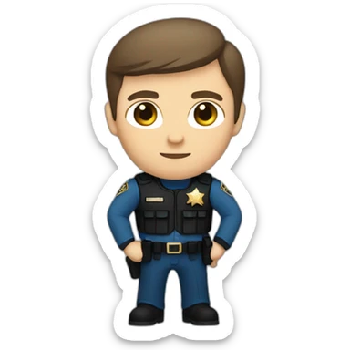 Deputy sheriff with short Brown hair and blue eyes and bulletproof vest and arms sticker