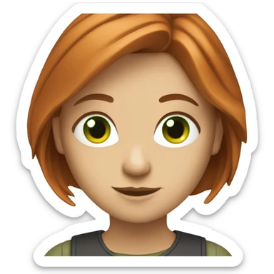Female coder featuring a laptop. She has long reddish hair, green eyes, white skin. sticker