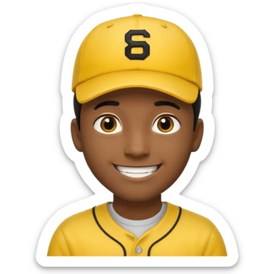 A man with dark skin tone, wearing a bright yellow baseball cap, short black hair mostly covered by the cap, large brown eyes, and a wide smile. sticker