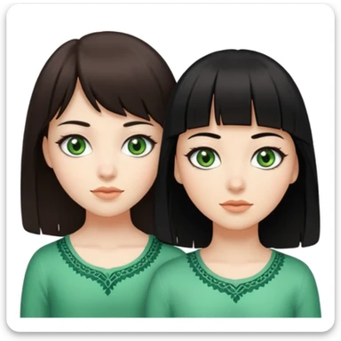 Une fille brune avec tes yeux verts et une peau claire et à côté une fille plus grande avec des cheveux noirs et une frange une pommade des yeux noirs en amande sticker