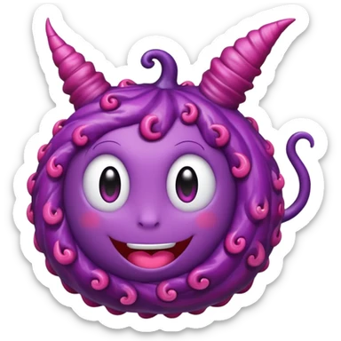 A cute anime-style purple devil fruit with pink spiral patterns, a curly swirl stem on top, glossy texture, simple shading, emoji style, centered on a plain background. sticker