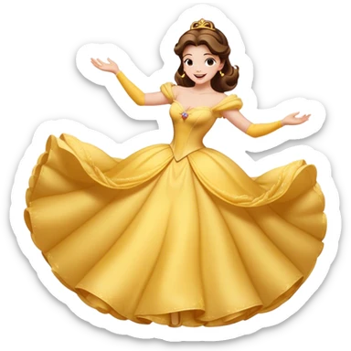 Cinematic Playful Belle Portrait Emoji, Spinning joyfully in her ball gown, arms outstretched, a radiant smile lighting up her face, exuding an enchanting blend of fun and elegance! sticker