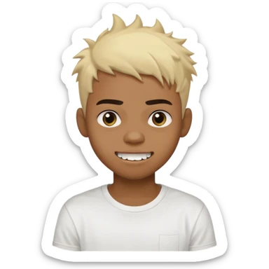 Black Male Teenager with Short punk messy blonde hair, Dark brown bushy eyebrows large expressive golden-brown eyes, wearing a plain white t-shirt, Dark Brown skin color. Fun teeth sticker
