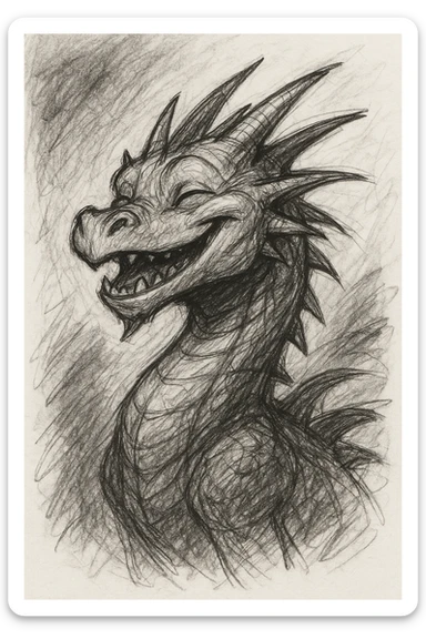 a dragon smiling, pencil sketch style sticker