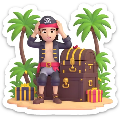 kid pirate with hand on forehead looking for something, one foot on treasure chest, palm trees in background sticker