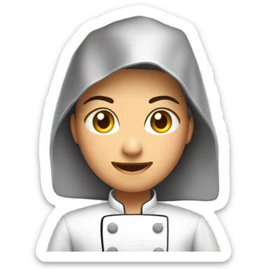 Cozinheira com uniforme de cozinheira de manga curta segurando uma panela sticker